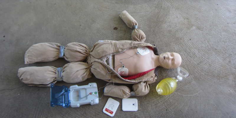 Homemade EMS Manikin with Preston CPR Head and Torso and Hinge Joints and AED and BVM Image