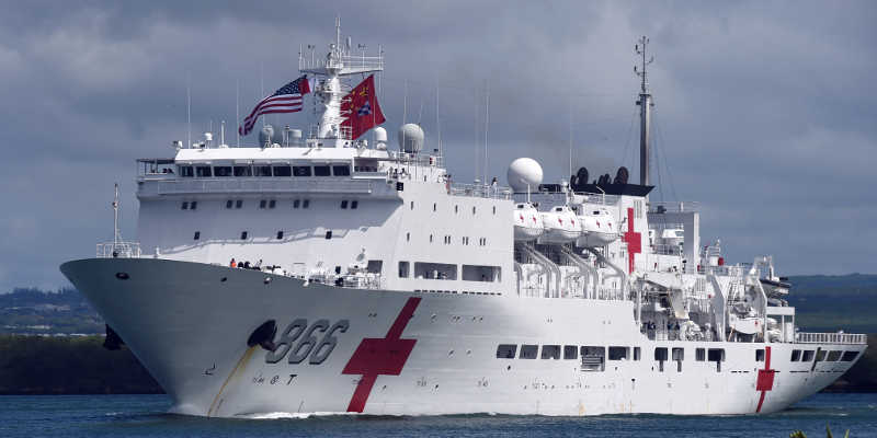 Chinese Hospital Ship Flying Chinese and US Flags